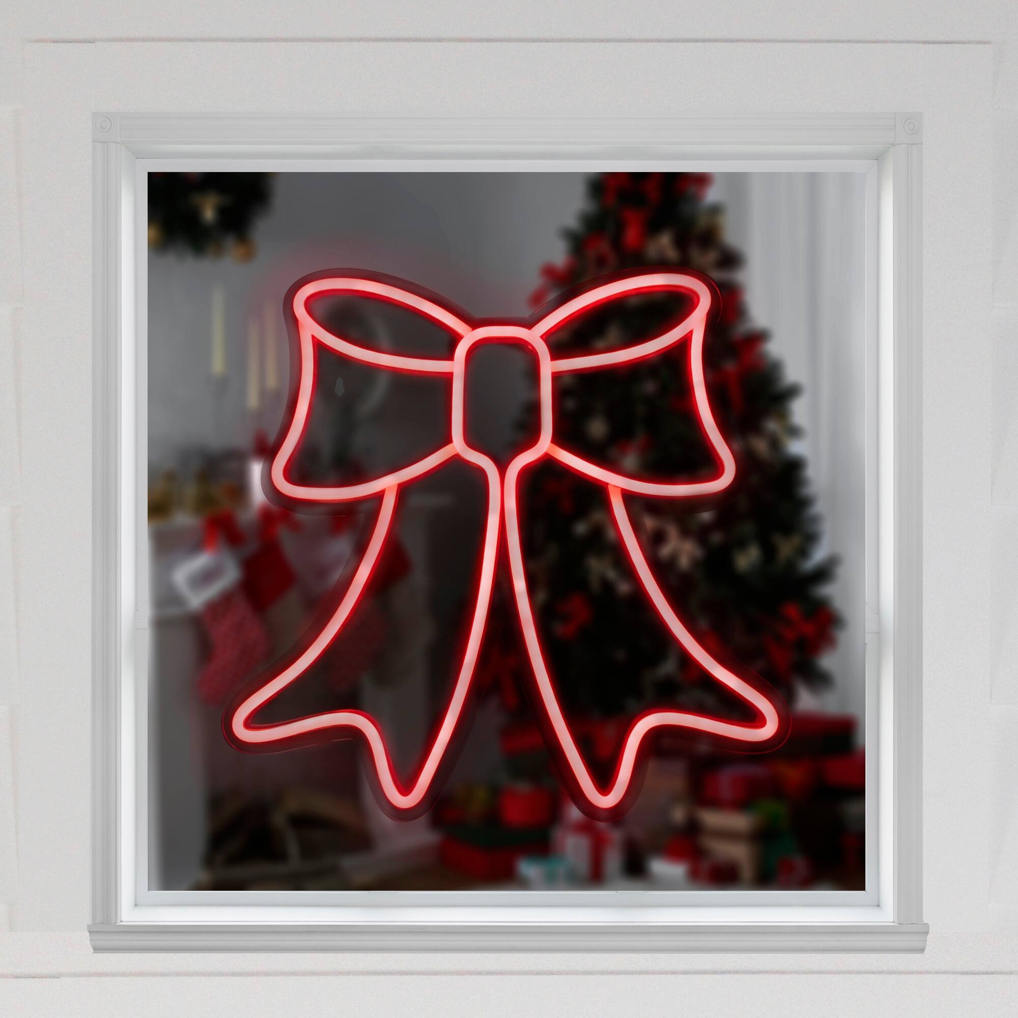 15" Red LED Lighted Neon Style Bow Christmas Window Silhouette On